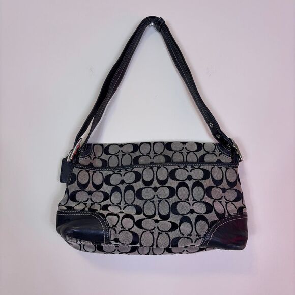 Coach Hampton Black and Grey Monogram Black Leather Shoulder Purse - Picture 2 of 8